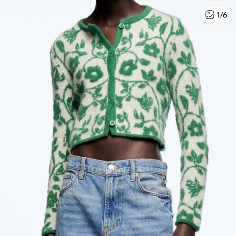 Zara Green & White Floral Knit Cardigan